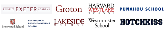 Private school destinations including Phillips Exeter, Groton, Harvard-Westlake, Punahou, Brentwood, Buckingham Browne & Nichols, Lakeside, Westminster, and Hotchkiss