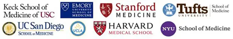 Top medical school logos including Harvard Medical School and Johns Hopkins where clients were accepted